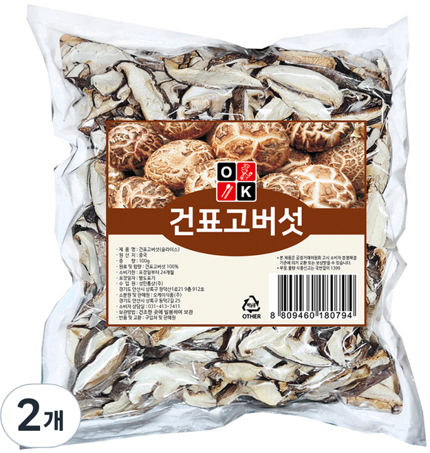 오케이식품 건 표고버섯 슬라이스, 2개, 100g