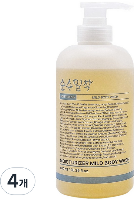 순수밀착 촉촉하고 순한 마일드 바디워시, 4개, 600ml