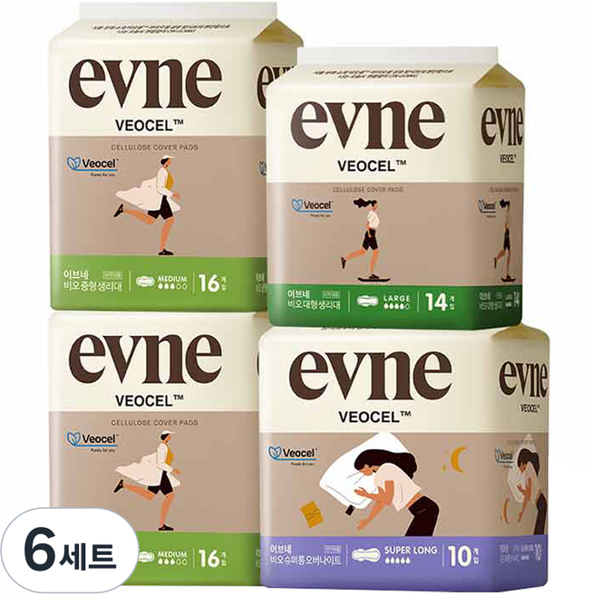킨도 이브네 비오셀 생리대 중형 32p + 대형 14p + 오버나이트 10p 세트, 6세트