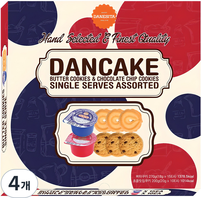 다네시타 댄케이크 어쏘티드 싱글서브 버터쿠키 15p + 초콜릿칩쿠키 10p 세트, 470g, 4개