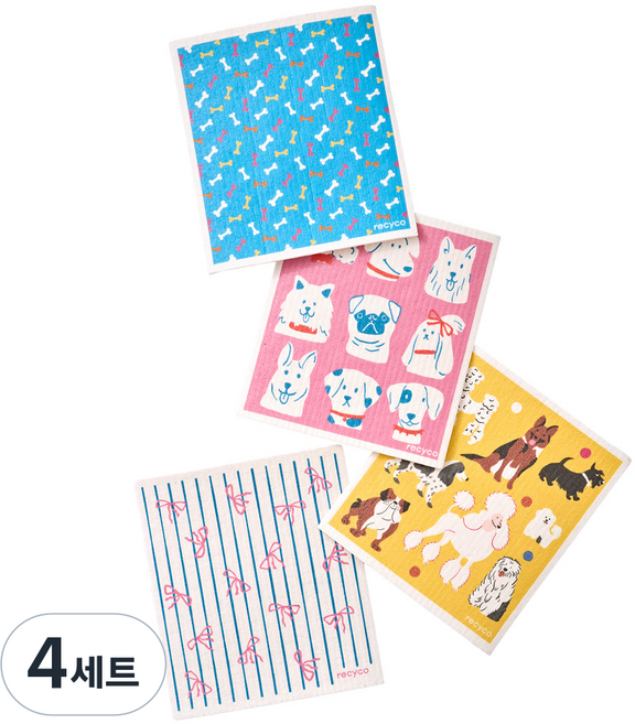 Recyco 리시코 셀룰로오스 다회용 행주 도기데이드림스 패턴 4종 세트, 4세트