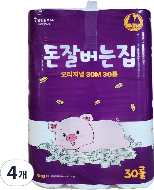 Donjalbeoneunjip 天然紙漿3層衛生紙, 4個, 30入, 30m