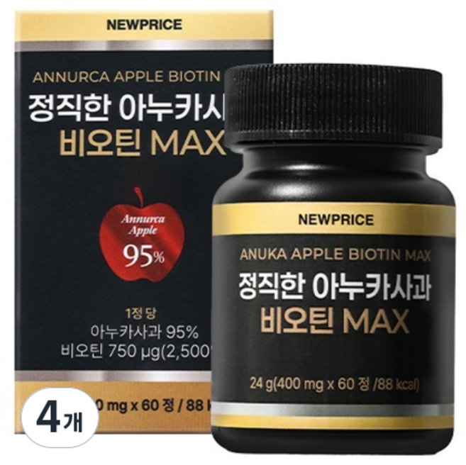 뉴프라이스 정직한 아누카사과 비오틴 MAX 24g, 4개, 60정