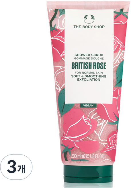 더바디샵 브리티쉬 로즈 샤워 스크럽 장미향, 3개, 200ml