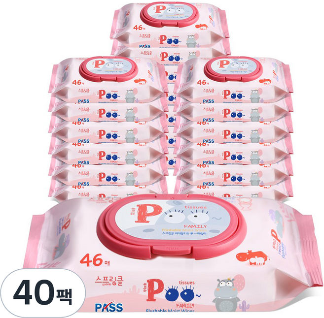 스프링클 푸티슈 러블리핑크 비데물티슈 캡형, 40개, 46매입