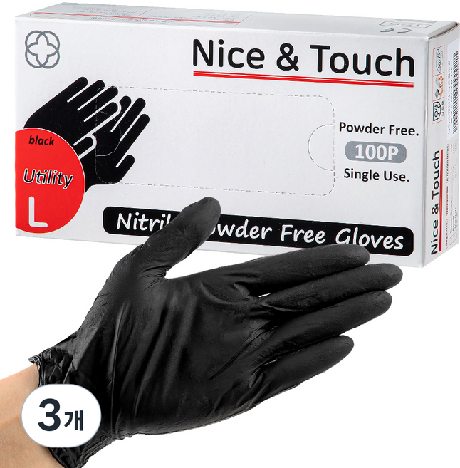 나이스앤터치 니트릴장갑 L, 블랙, 대(L), 3개