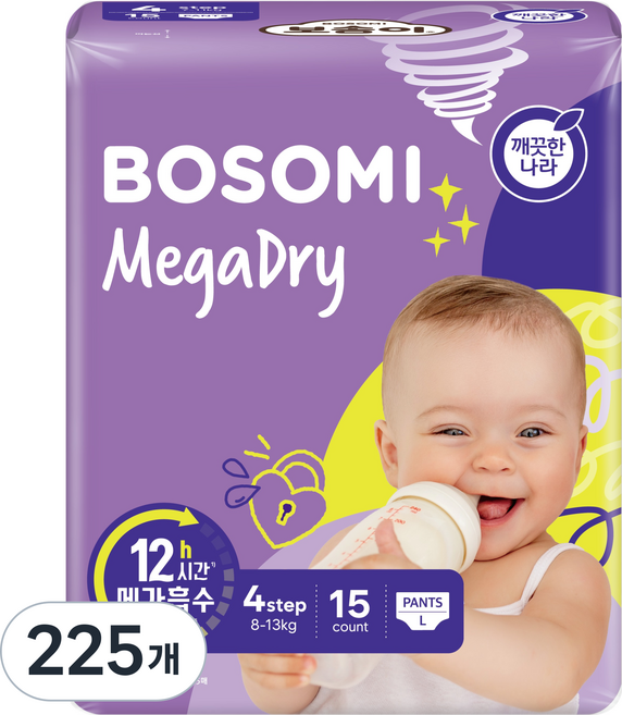 보솜이 메가드라이 팬티형 기저귀 공용, 4단계, 225매