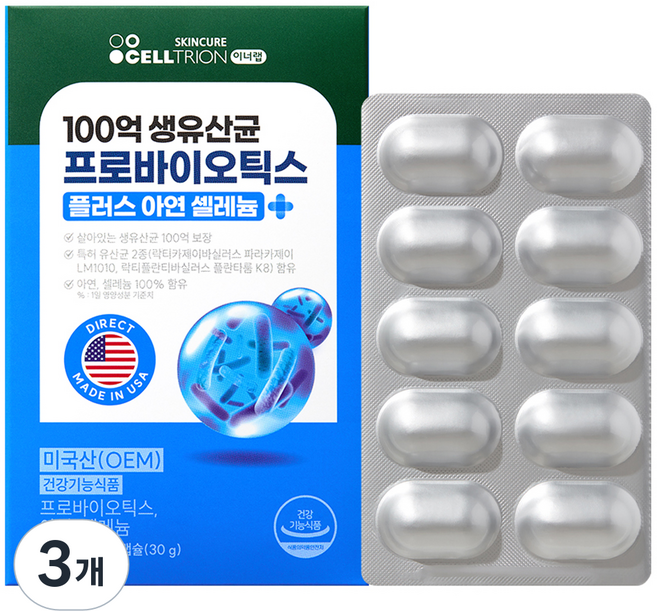 이너랩 100억 생유산균 프로바이오틱스 플러스 아연 셀레늄 30g, 3개, 60정
