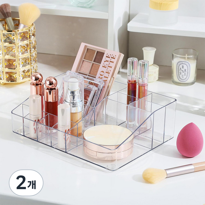 지음앤 다용도 칸막이 화장품 정리 수납함, 투명, 2개
