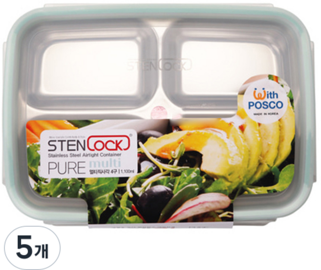스텐락 퓨어 멀티 4구 밀폐용기 직사각 4호, 5개, 1.1L