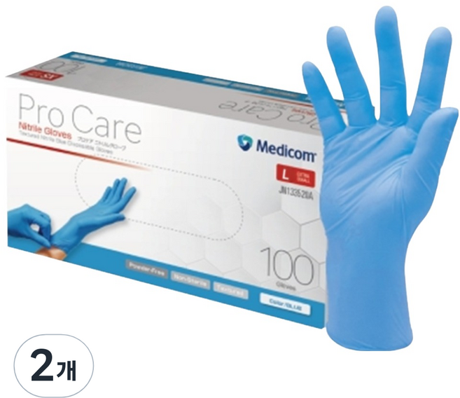 메디컴 프로케어 진료용 니트릴 장갑 100p, 블루, 대(L), 2개