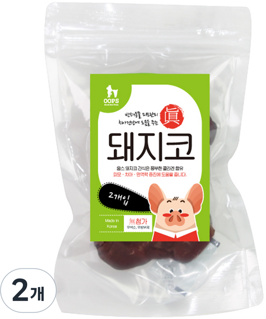 웁스 강아지 수제간식 2p, 돼지코, 60g, 2개