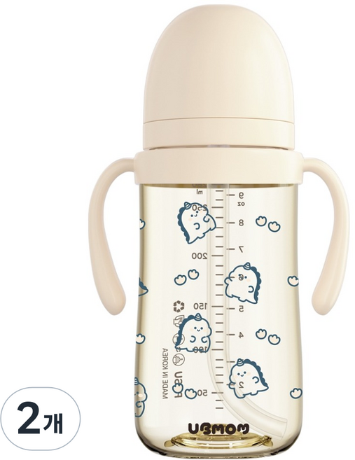 유비맘 유아용 국내 제조 공룡 디자인 PPSU 역류 물샘방지 빨대컵, 280ml, 2개, 베이지(요거트)