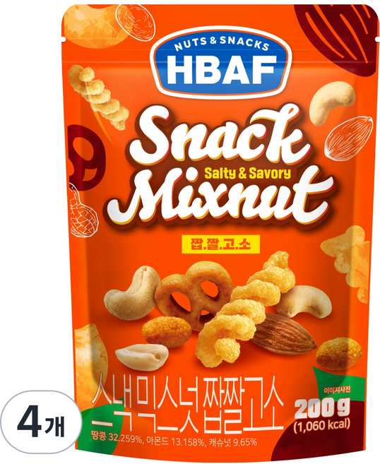 바프 스낵믹스넛 짭짤고소, 200g, 4개