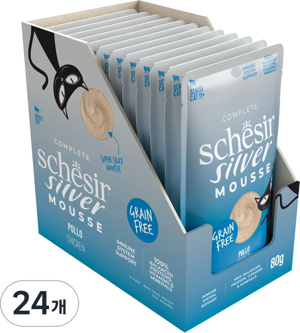 스케지어 어덜트 실버무스 고양이 주식 파우치, 닭, 80g, 24개