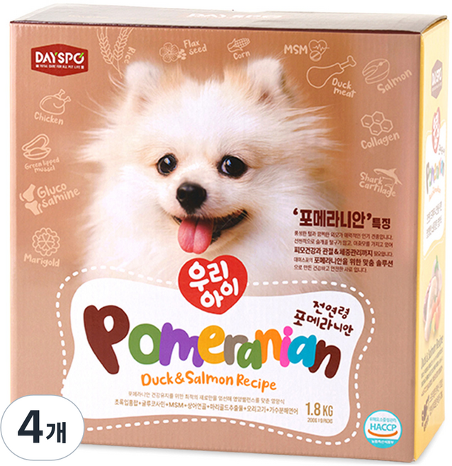 데이스포 강아지 소형견 전연령 우리아이 기능성 소프트 사료, 포메라니안, 1.8kg, 4개