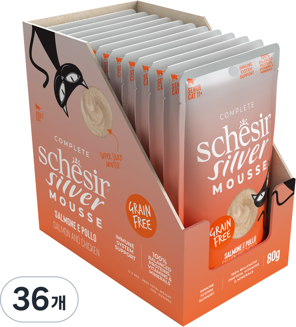 스케지어 노령묘용 쉐지애 실버 무스 연어 고양이 주식 파우치, 80g, 36개