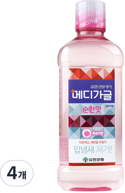 유한덴탈케어 메디가글 순한맛 구강청결제 복숭아향, 750ml, 4개