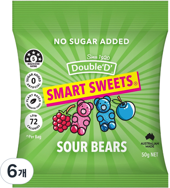 DoubleD 슈가프리 스위트 사워베어 젤리, 50g, 6개