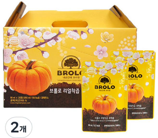 브롤로 리얼착즙 호박즙 스탠딩 파우치형 20p, 2개, 1.8L
