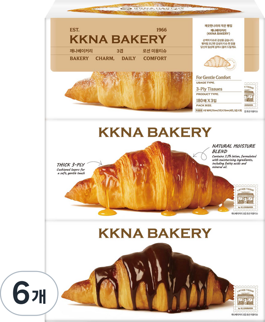 깨끗한나라 깨나베이커리 로션 미용티슈 3겹, 180매, 6개