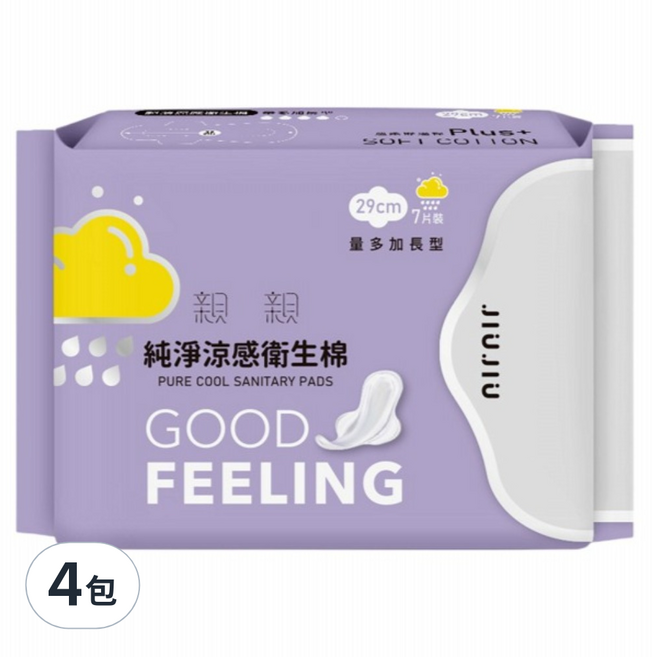 JIUJIU 親親 純淨涼感衛生棉, 量多加長型(29cm), 7片, 4包