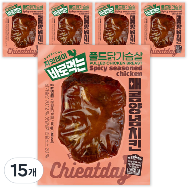 치잇데이 바로먹는 풀드 실온 닭가슴살 매콤양념치킨맛, 100g, 15개