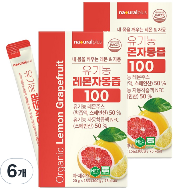 내츄럴플러스 유기농 레몬자몽즙 100 15p, 300g, 6개