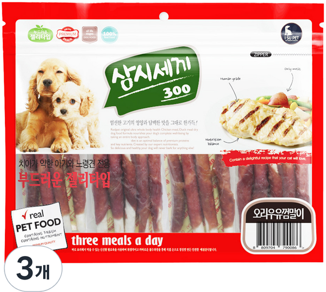 이수펫 초심 강아지 삼시세끼 육포, 혼합맛(오리가슴살/우피), 300g, 3개