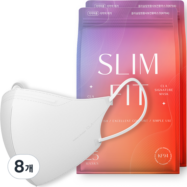 CLA 슬림핏 뉴 황사 보건용 컬러 마스크 중형 KF94, 25개입, 8개, 화이트