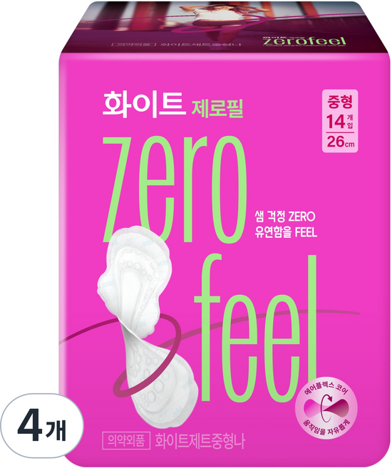 화이트 제로필 생리대, 중형, 14개입, 4개