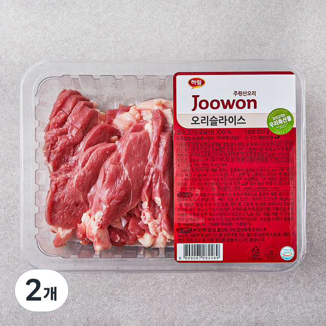 하림 주원산오리 오리 슬라이스 (냉장), 500g, 2개