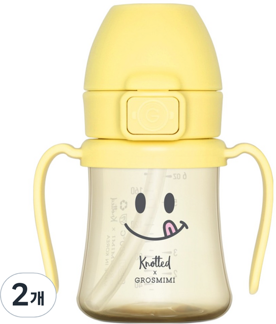 그로미미 노티드 PPSU 유아용 빨대컵 1단계, 200ml, 2개, 레몬슈가