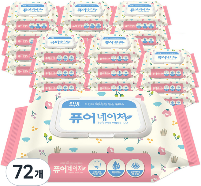 리빙티슈 퓨어네이쳐 물티슈 캡형, 100매, 72개
