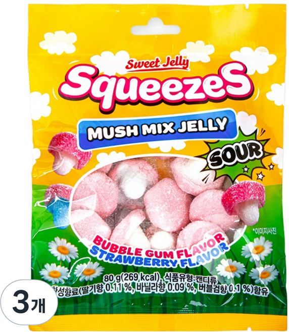 SweetJelly 스퀴즈 머쉬 믹스 젤리 사우어 버블검향 앤 딸기향, 80g, 3개