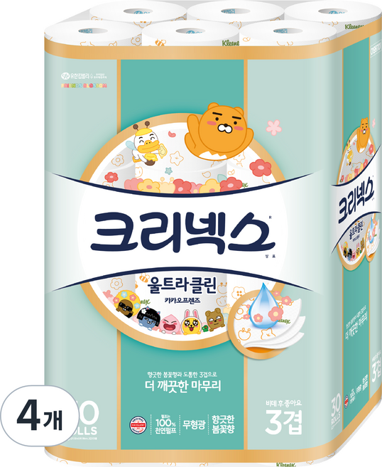 크리넥스 도톰한 천연펄프 3겹 카카오 화장지 30m, 30롤, 4개