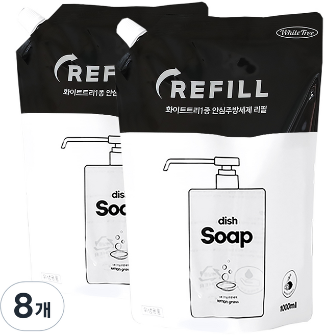화이트트리 1종 안심 주방세제 리필, 1L, 8개