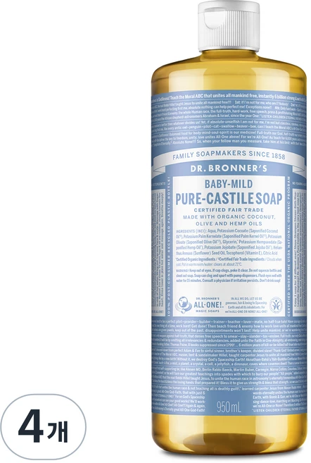 닥터브로너스 베이비 마일드 퓨어 캐스틸 솝 페이스 앤 바디워시, 950ml, 4개 - 쿠팡