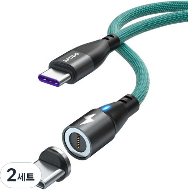 SADDO PD 100W 直式磁吸充電線 + Type-C接頭組, 2套, 綠色, 2m