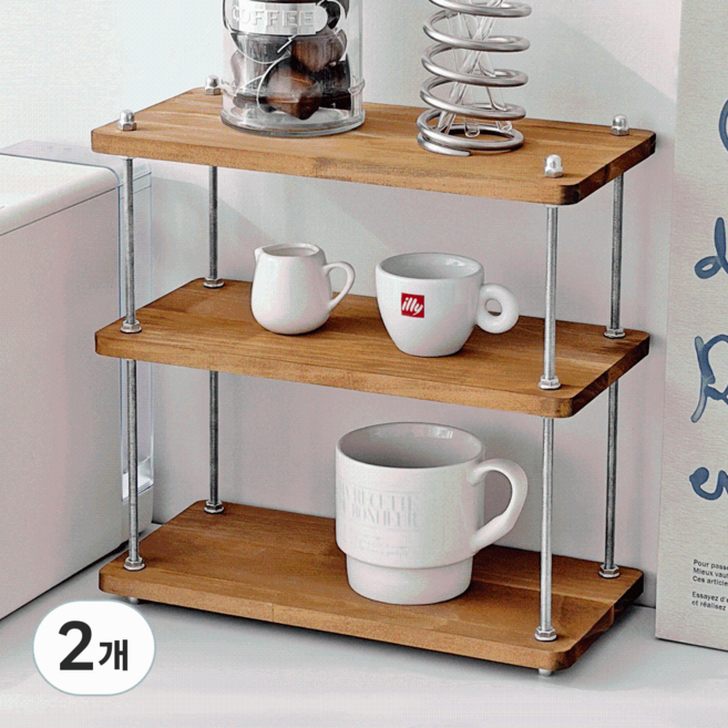 DEMIMOOD Cafe Bar 木質不鏽鋼3層迷你層架杯架 窄版, 棕色, 2個