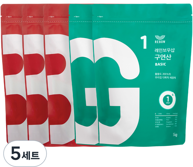 레인보우샵 베이킹소다 베이직 1kg x 3p + 구연산 베이직 1kg x 2p 리필 파우치 타입 세트, 5세트