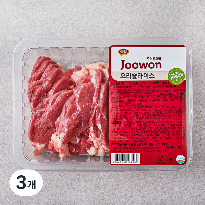 하림 주원산오리 오리 슬라이스 (냉장), 500g, 3개