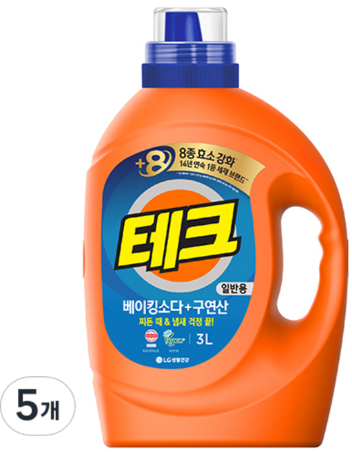 테크 베이킹소다 플러스 구연산 뉴 액체세제 본품, 3L, 5개