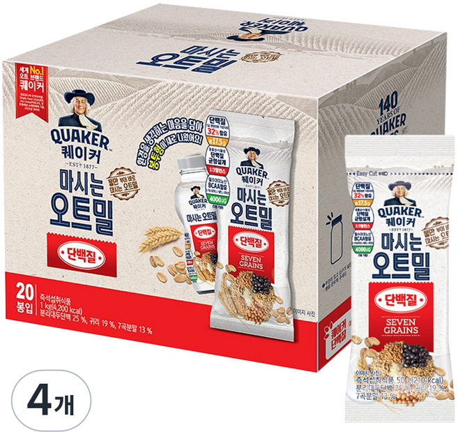 퀘이커 마시는 오트밀 단백질 낱봉팩 20p, 1kg, 4개
