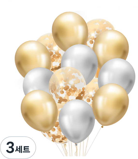 브로키 메탈혼합 풍선 15P+컬링리본 화이트+양면테이프 세트, 컨페티골드, 3세트