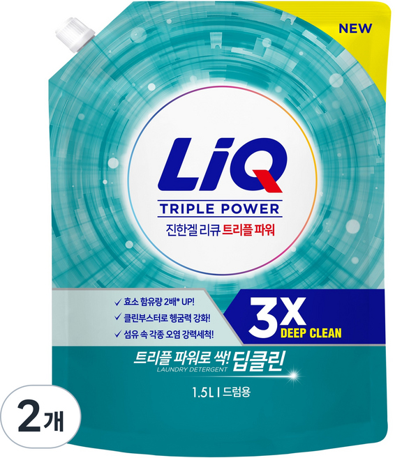 리큐 진한겔 딥클린 트리플 파워 세탁세제 드럼용 리필, 1.5L, 2개