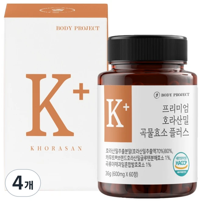 바디프로젝트 프리미엄 호라산밀 곡물효소 플러스 36g, 4개, 60정 - 쿠팡