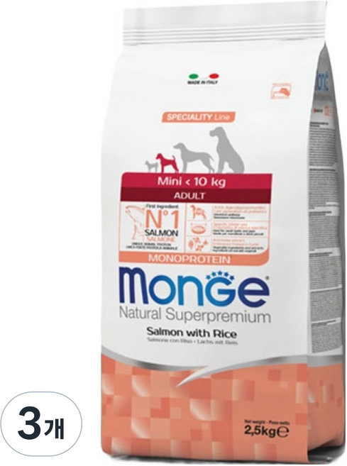 몬지 어덜트 도그 내추럴 슈퍼프리미엄 미니 건식사료, 연어+쌀, 2.5kg, 3개