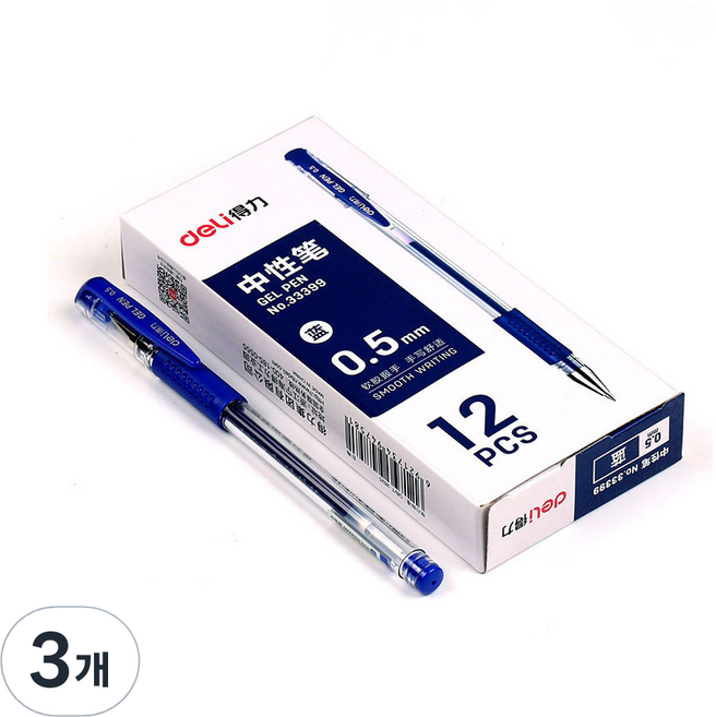 델리 중성펜 0.5mm 볼펜 12p, 블루, 3개
