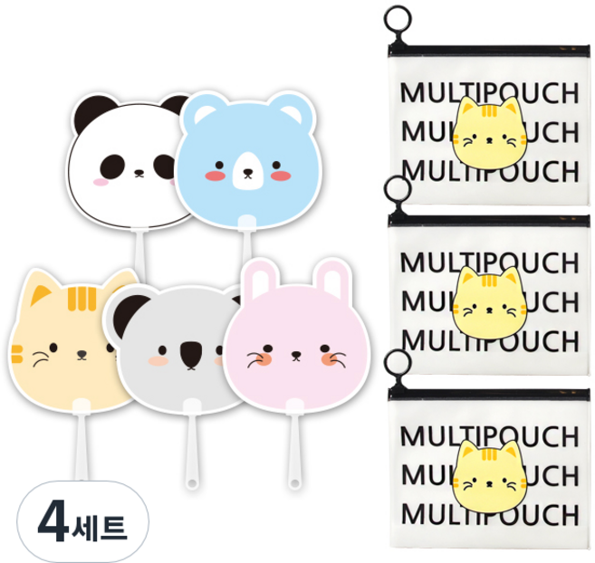 애니멀 프랜즈 부채 5p + 애니멀 지퍼백 스몰 3p 세트, 고양이(지퍼백), 랜덤발송(부채), 4세트